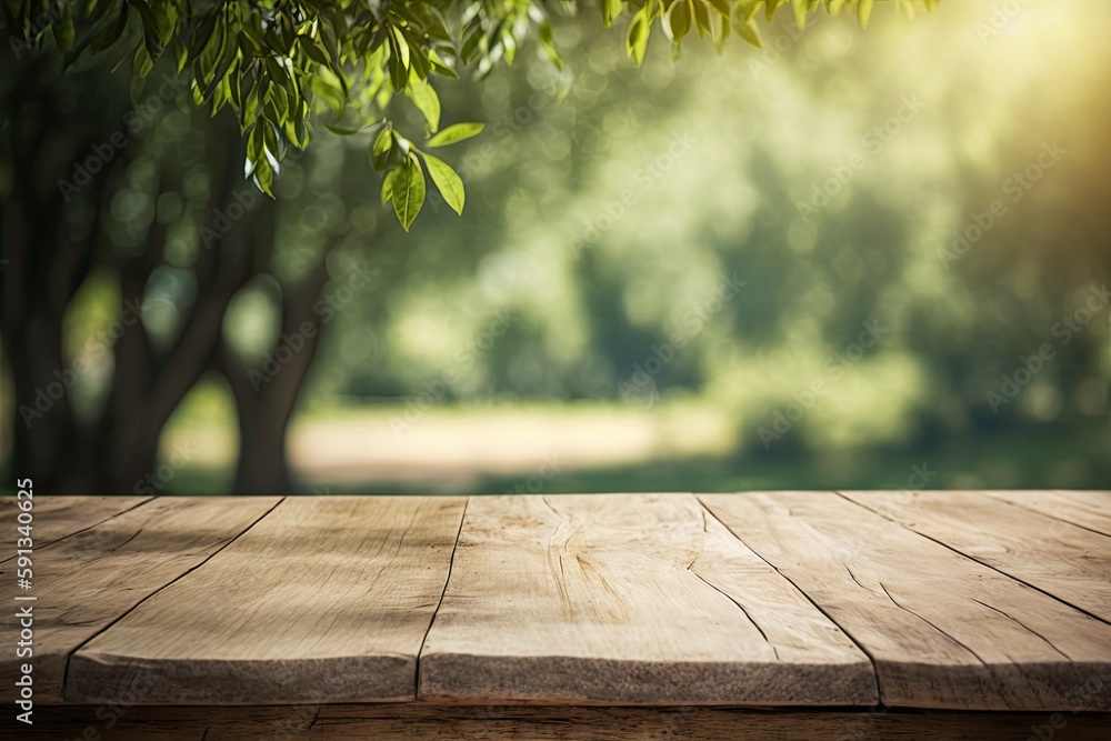 Poster wooden table top with a tree in the background. generative ai
