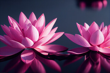 Ravishing pink lotus in ponds with beautiful realistic detail blossom waterlily floating on the water as floral lily plant illustration background by Generative AI.