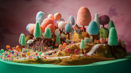 A floating island made entirely of candy: Imagine a world where everything is made of sweets and treats. a landscape featuring a floating island made entirely of candy. Think lollipop trees, gumdrop m