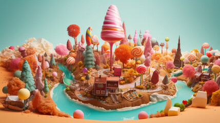 A floating island made entirely of candy: Imagine a world where everything is made of sweets and treats. a landscape featuring a floating island made entirely of candy. Think lollipop trees, gumdrop m