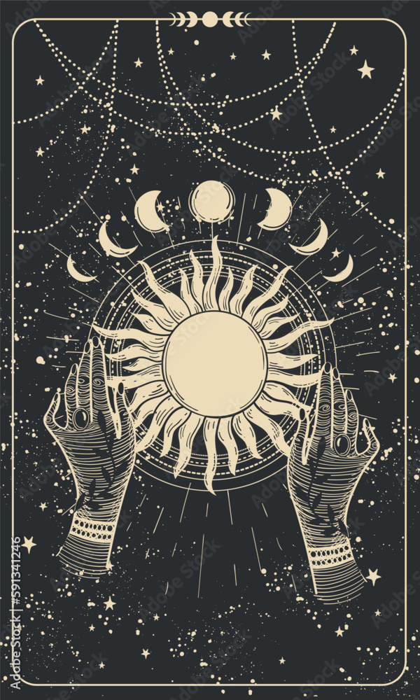 Wall mural mystical tarot card, witch holding the sun, engraved on a black background. background for stories, 