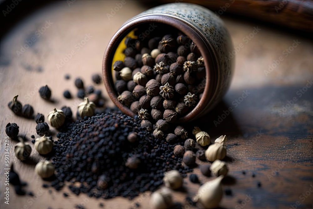 Poster colorful array of spices arranged on a rustic wooden table. Generative AI