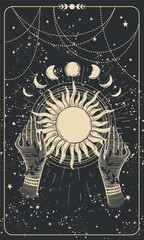 Mystical tarot card, witch holding the sun, engraved on a black background. Background for stories, magical celestial card of astrology, zodiac. Hand drawn vector illustration.