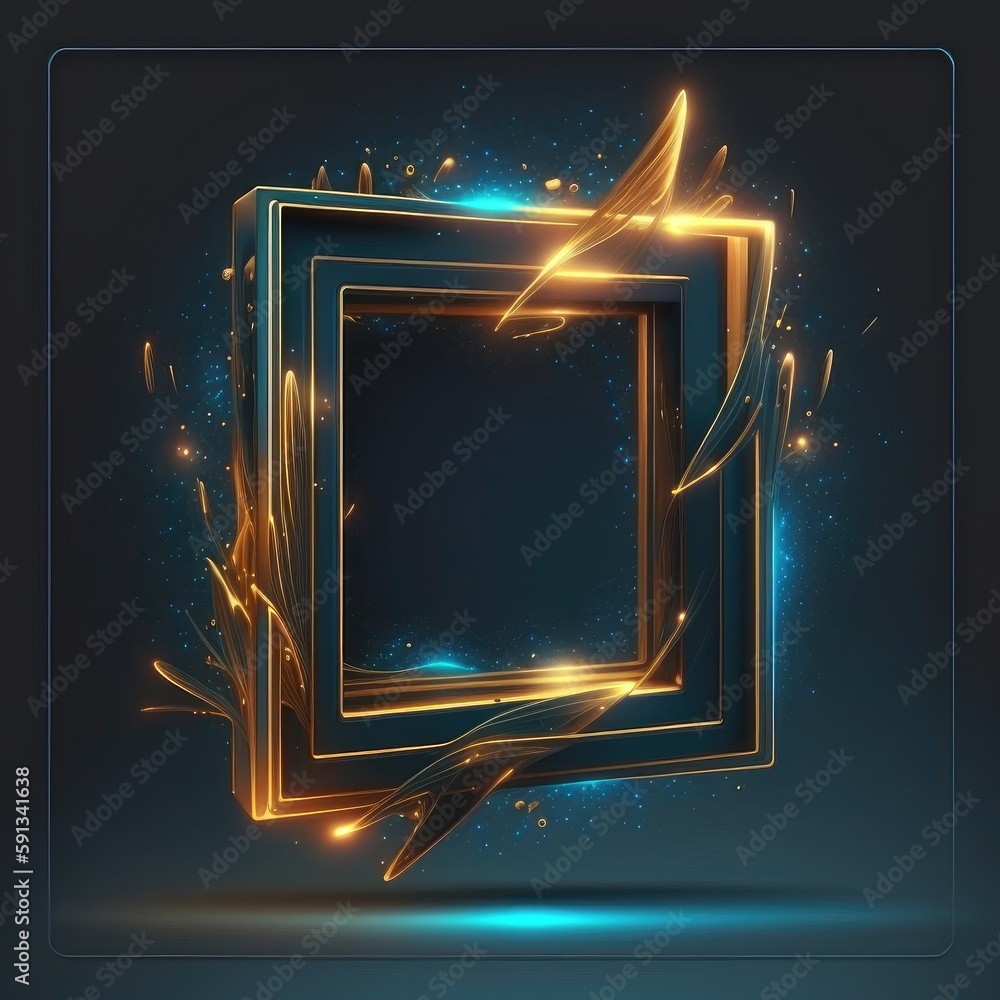 Poster abstract art of glowing fantasy golden and blue multi striped square frame with vivid in chevrons ga