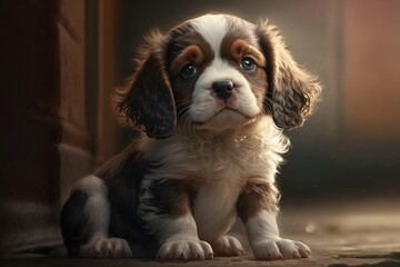 cute brown and white puppy sitting on a wooden floor. Generative AI