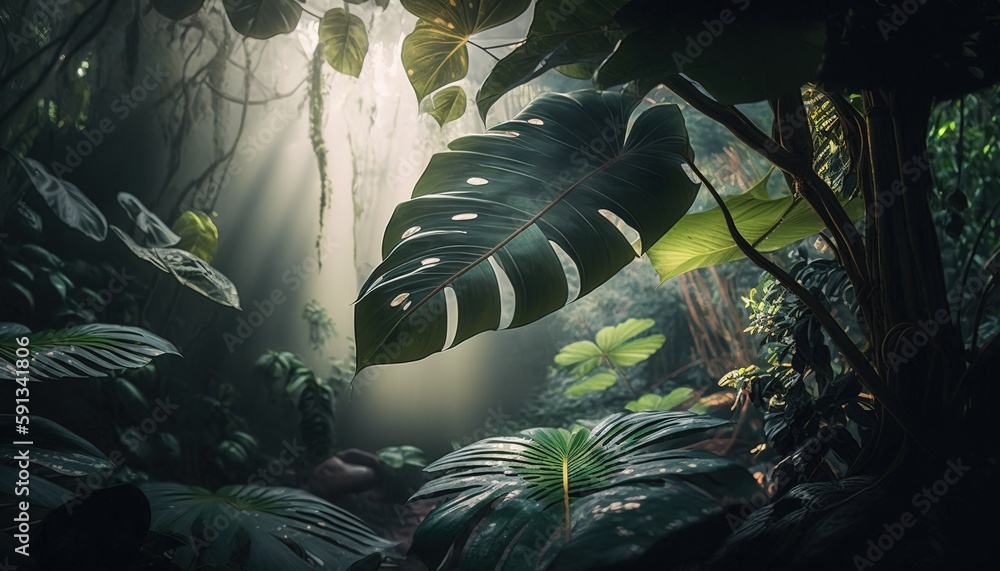 Poster path of light through verdant jungle foliage generative ai