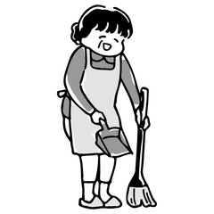 玄関前を掃除するお母さん