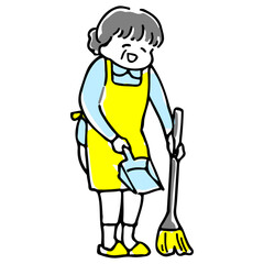 玄関前を掃除するお母さん