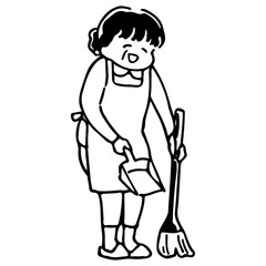 玄関前を掃除するお母さん