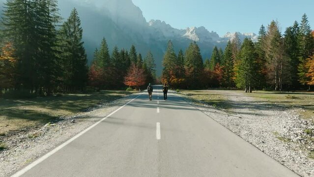 Aerial follows 2 young guys walking in the middle of an empty road in Valbona Valley, Albania.