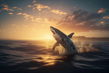 A shark leaps out of the water, its sharp teeth bared against a vibrant sunset sky, creating a thrilling and awe-inspiring moment in this stock photo. AI Generative.