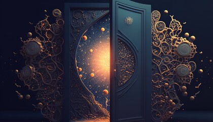 door that leads to a different universe, digital art illustration, Generative AI