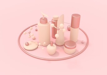 Set of containers for cosmetology products and abstract geometry shapes. 3D render