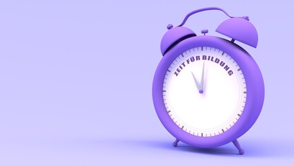 Alarm clock with words Time for education by German language. 3D render