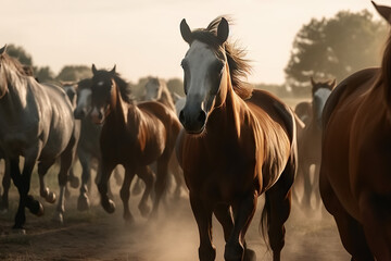 Fototapeta na wymiar horses running in a herd in nature.