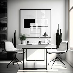 
A beautiful modern office in white color, with modern chairs, minimalist pictures on the wall, elegant glass table, Generative AI.
