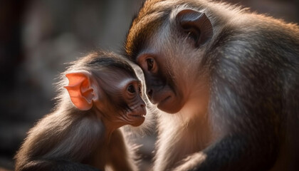 Young macaque and mother sitting in forest generated by AI