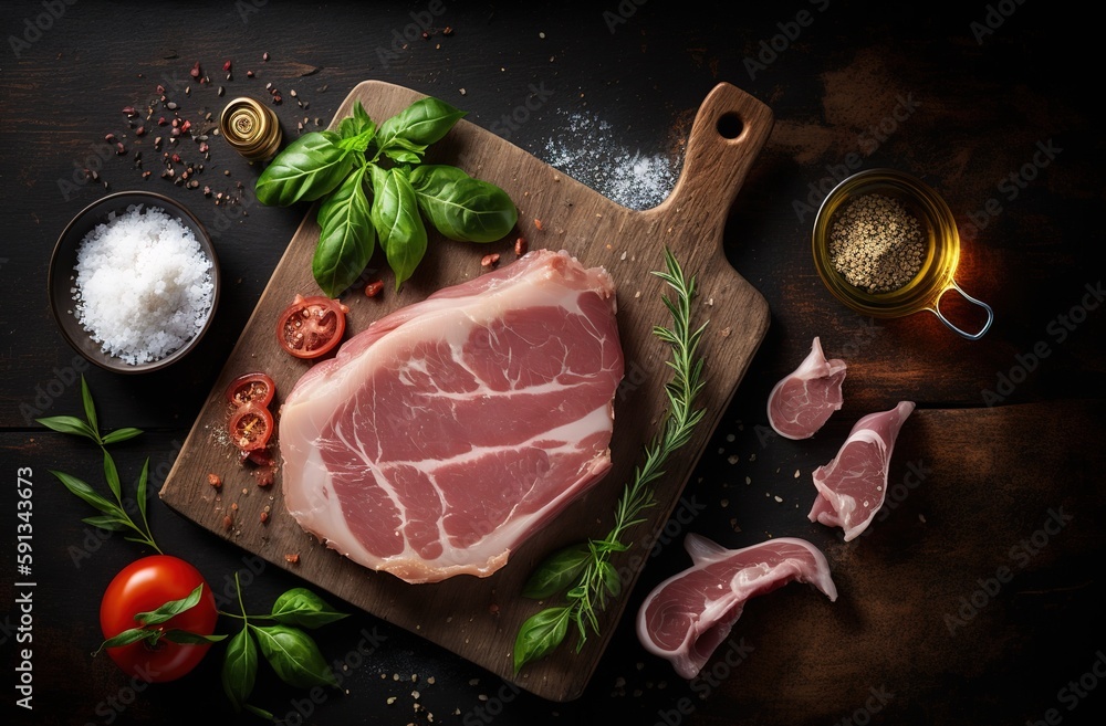 Poster ingredients for a pig roast and some raw pork resting on a dark wooden board. a food-themed backdrop