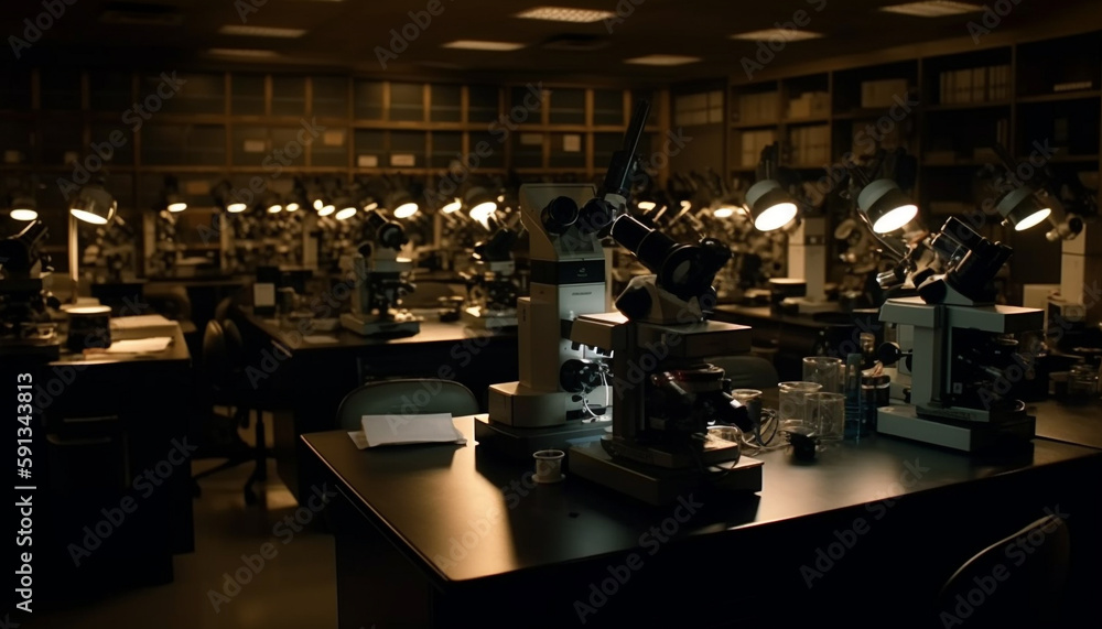 Poster scientist studying bacteria through microscope, analyzing liquid generated by ai