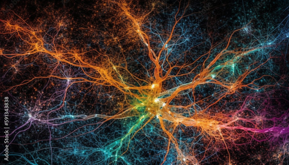 Poster futuristic science of glowing nerve cell synapse generated by ai