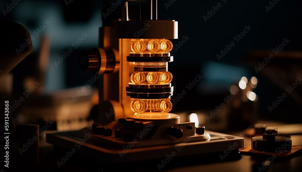 Poster shiny metallic machinery part on dark table generated by ai