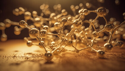 Futuristic molecular shapes form glowing golden sphere generated by AI
