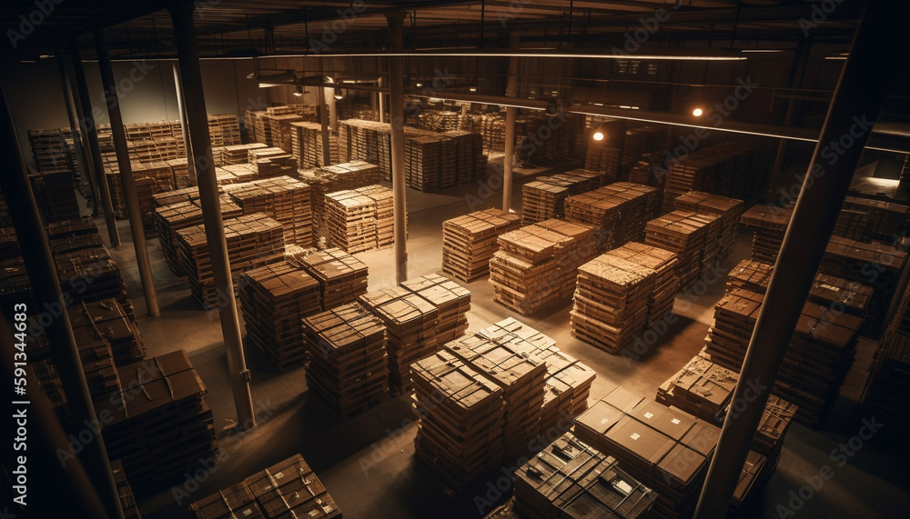 Poster large warehouse stack crates, boxes, and containers generated by ai