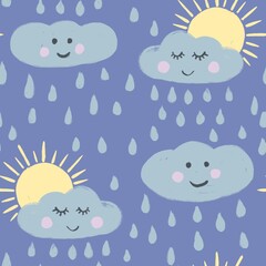 Hand drawn seamless pattern with cute clouds sun on blue background. Rain raindrops funny faces eyes pink cheeks, kids children nursery decor, cartoon sketch baby shower.