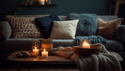 Cozy glow illuminates modern winter living room generated by AI
