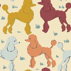 Hand drawn seamless pattern with poodle dogs on beige background. Red yellow orange animal pet in funny cartoon sketch style, cute fluffy puppy dogshow grooming salon print, for textile dog bandana.