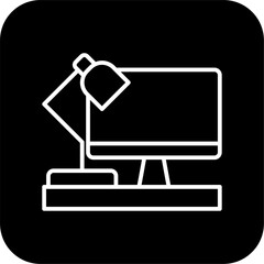 Workspace Business and office icon with black filled line style. office, computer, work, table, chair, desktop, furniture. Vector illustration