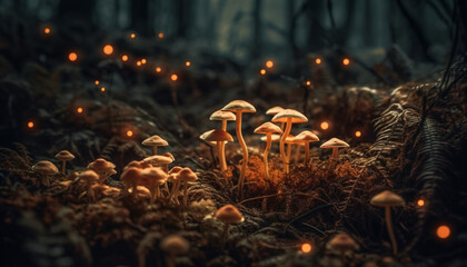 Poisonous fly agaric mushroom glows in dark generated by AI