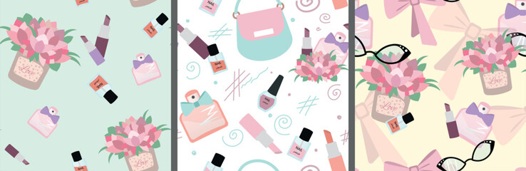 Set of three Seamless Patterns with Women Things. Bouquets of flowers, bows, glasses, perfume and lipstick. Delicate backgrounds for girly fabrics, wrapping paper.