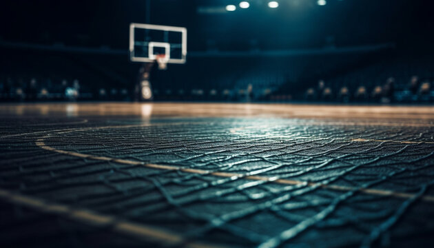 Bright basketball hoop illuminated in dark spotlight generated by AI