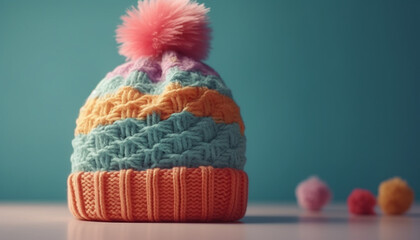 Warm handmade blue knit hat with pom pom generated by AI - obrazy, fototapety, plakaty