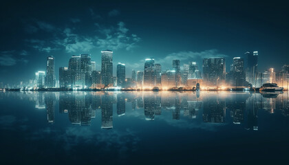 Modern skyline reflects on waterfront, lit and glowing generated by AI