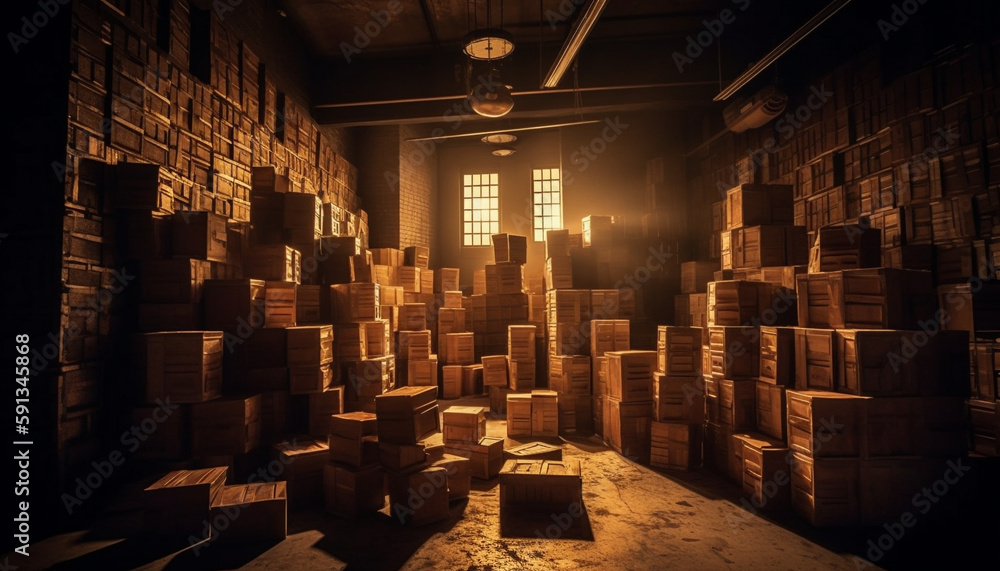 Poster large group of crates inside distribution warehouse generated by ai