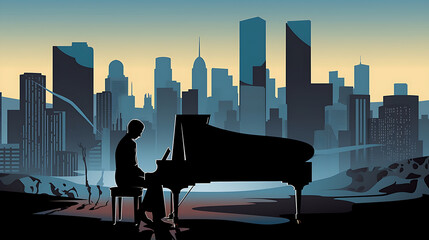 Concert pianist with city skyline, generative ai