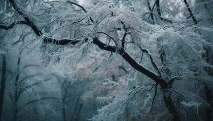 Frozen winter forest, tranquil beauty in nature generated by AI