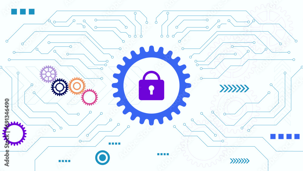 Poster abstract technological background with gear wheel, padlock icon and circuit lines on white backgroun