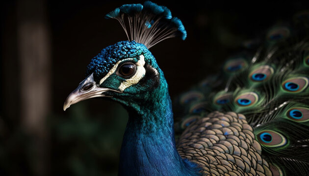 Vibrant peacock flaunts beauty with colorful feather generated by AI