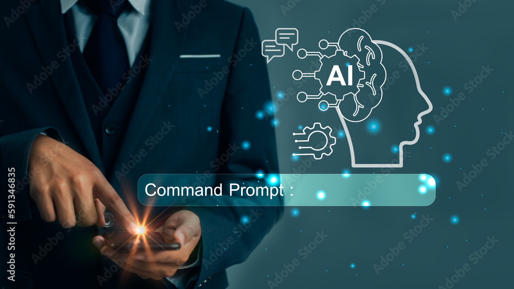 Poster digital transformation ai technology strategy, iot, internet of things. businessman using smart phon