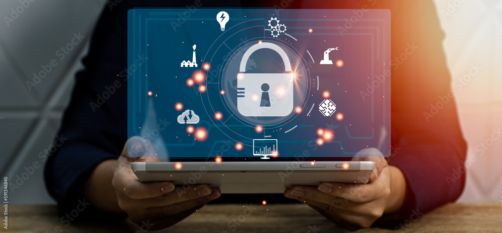Poster cybersecurity concept businessman using tablet to protect cyber technology network from attack by ha