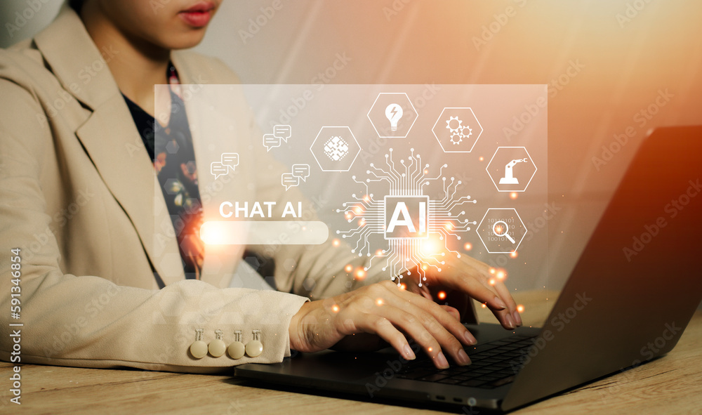 Poster digital transformation technology strategy, iot, internet of things. businesswoman using computer la