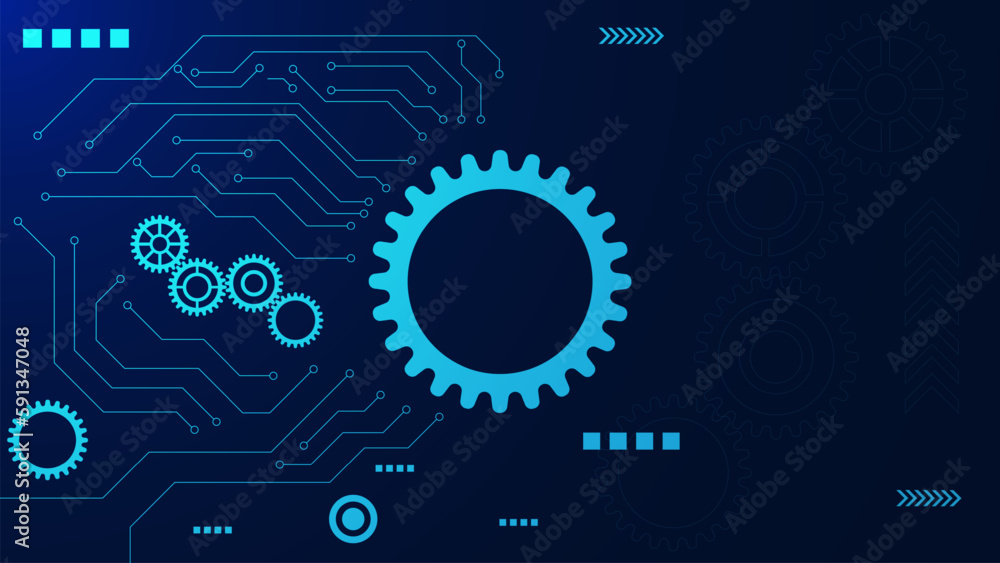 Poster abstract technological background with gear wheel and circuit lines on blue technology backdrop.