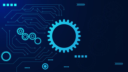 Abstract technological background with gear wheel and circuit lines on blue technology backdrop.