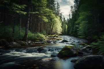 Obraz premium a big river with many stones in it flows through a forest created with Generative AI technology