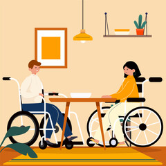 Disabled couple sitting on wheelchair have dinner together in dining room at home