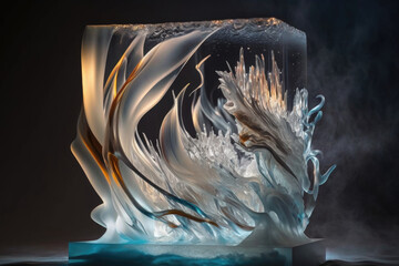 a sculpture made of glass, very decorative, looks like an ice sculpture created with Generative AI technology
