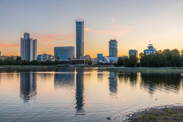 Sunset on a pond in the center of the city. Yekaterinburg, Russia